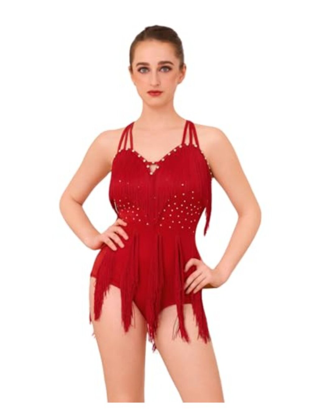 Rhinestone Tassel Fringe Bodysuit Women Latin Dance Costume